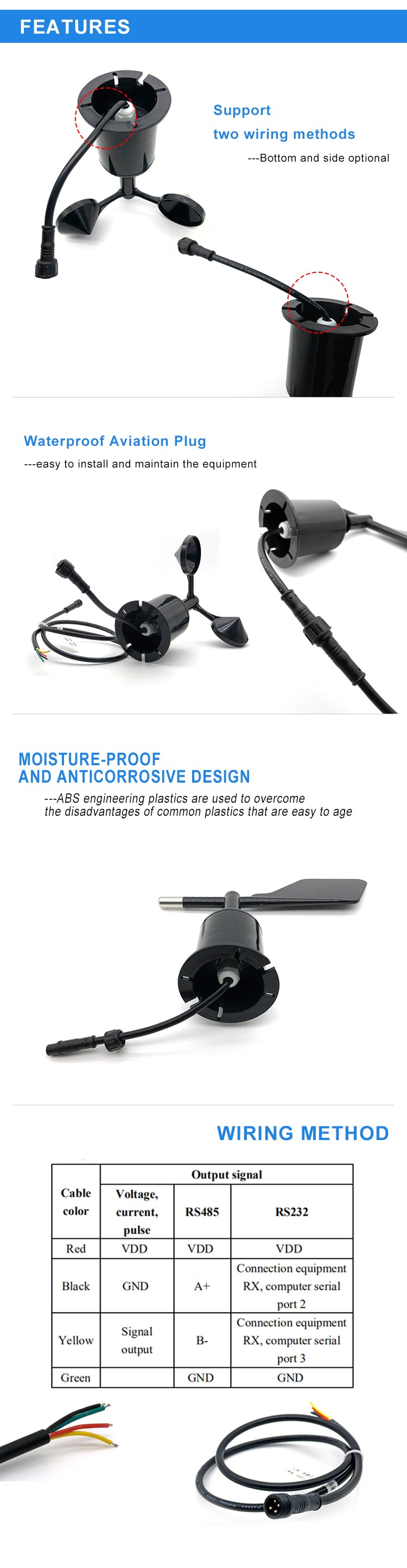 DC9-30V Power Supply Wind Speed Direction Sensor with ± 3° Accuracy and CE Certification