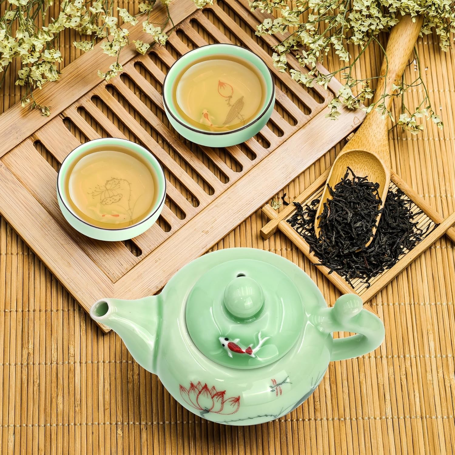 Kung Fu Tea Cup Set Porcelain Gongfu Tea Set 6.7oz With Bamboo Tray