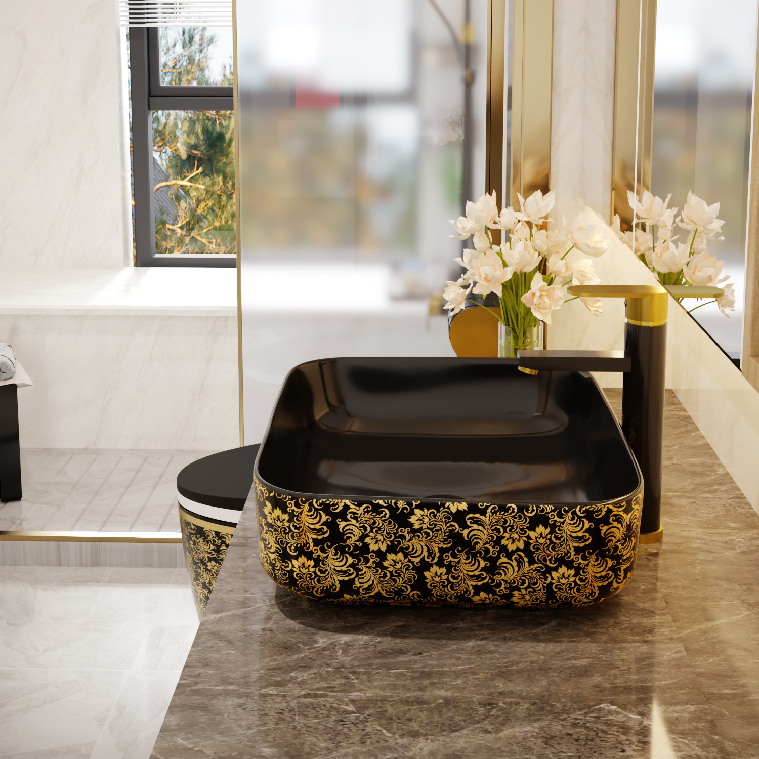 Custom Square Black Golden Art Deco Pedestal Basin 500*380*130mm