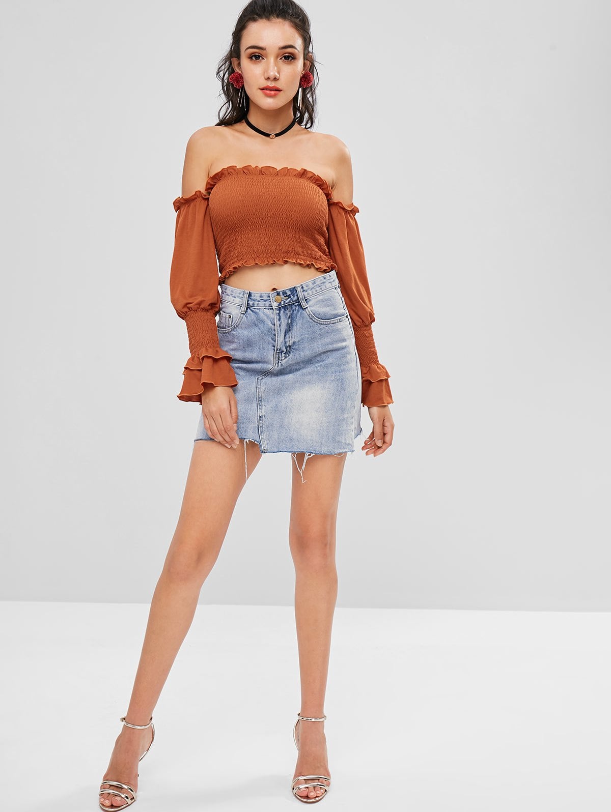 Off The Shoulder Ladies Ruffle Long Sleeve louses Shoulder Off Smocked Crop top for Women