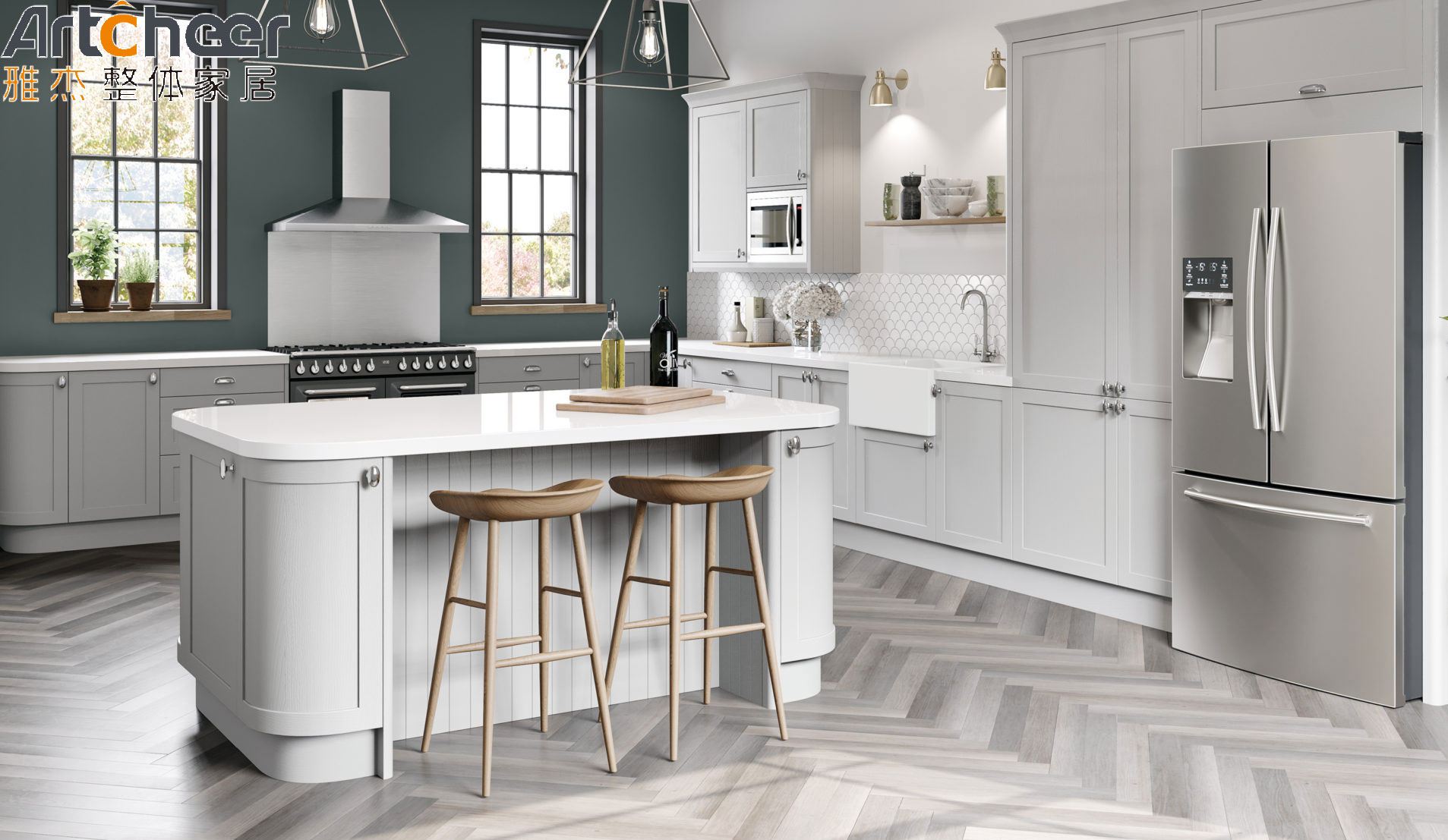 Custom Made Small Apartment Kitchen Cabinets with Crystallized Glass Panel Countertop