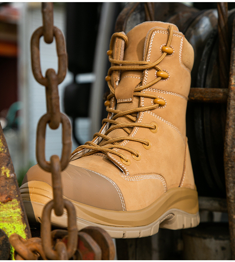 Security Work Boots Wheat Cowhide Safety Boots Rubber Sole Glass Fiber Toe Anti-smashing Kevlar Anti-proof Work Shoes