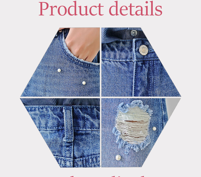 Washed Ladies Denim Pearls A Line Jean Skirt With Hole , Blue Jean Mini Skirt