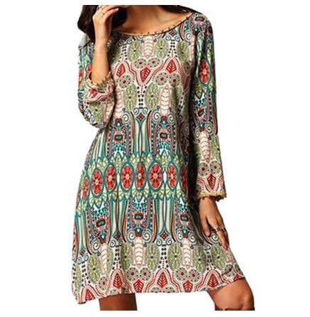Ethnic Style Round Collar Tribal Print Tassel Women polyester Dress