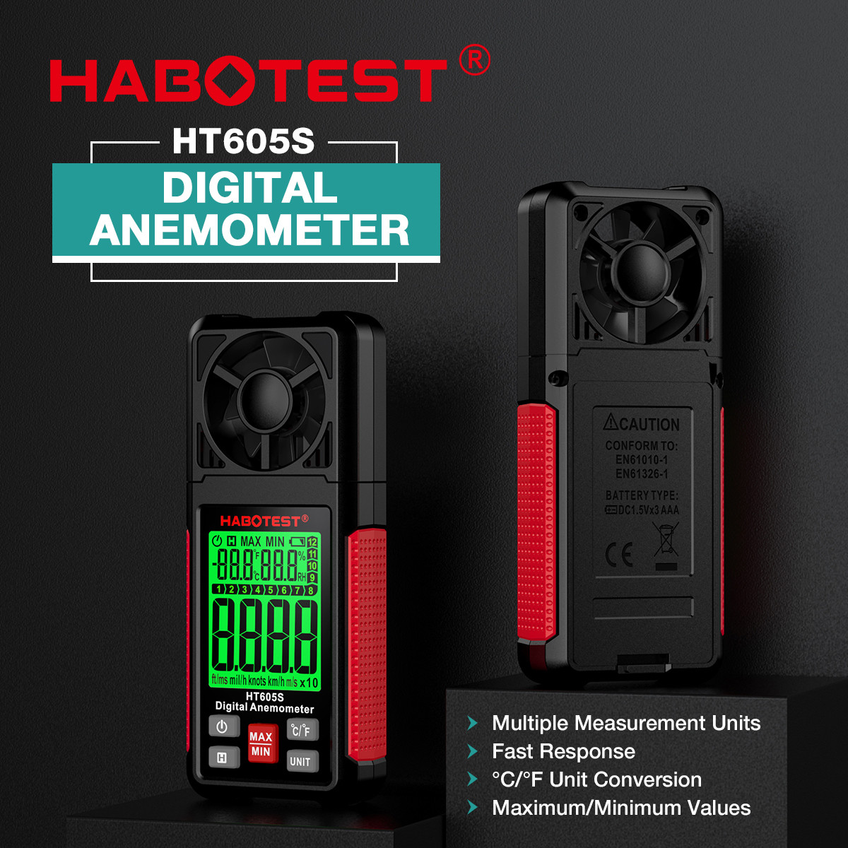 HT605S Digital Anemometer Air Flow Wind Speed Meter LCD Backlight Professional 3 in 1 Thermometer Hygrometer Anemometer