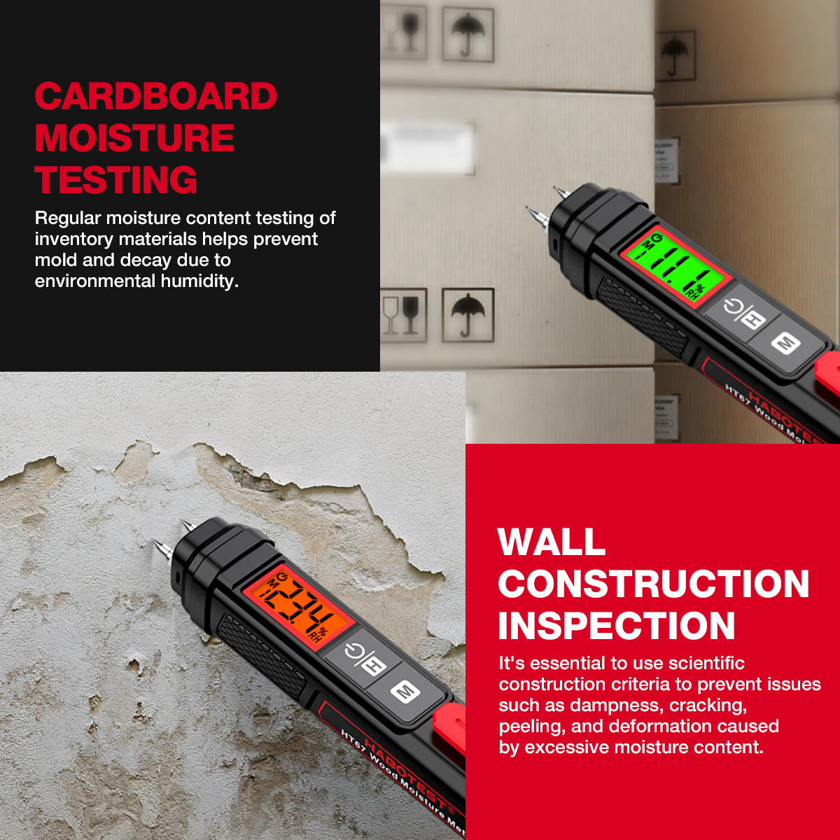 HT67 Digital Wood Moisture Meter Professional Wood Humidity Tester 0~58% Portable Pen-Type Timber Hygrometer Meter