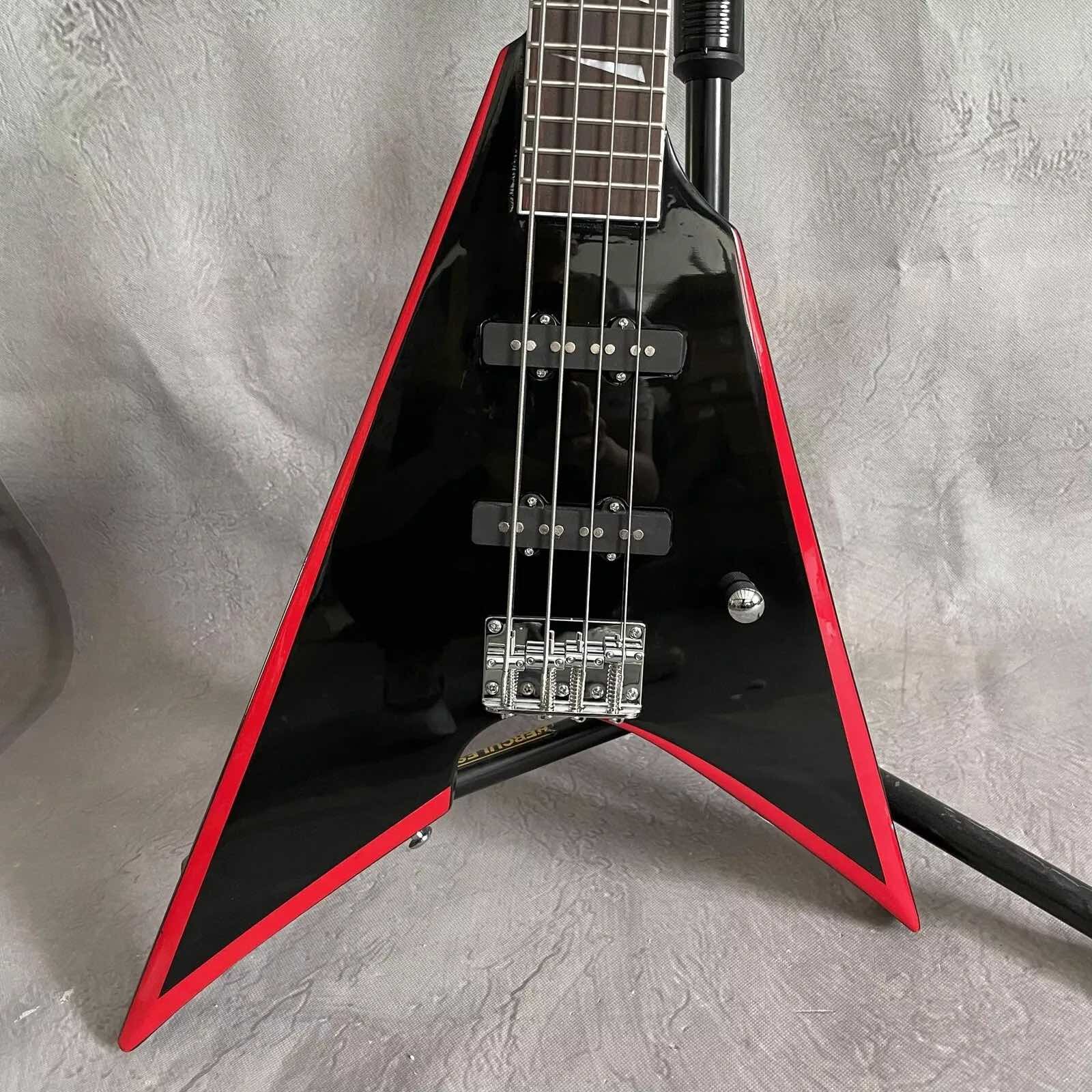 Custom 4 Strings V Shape Black Body Electric Bass Guitar Rosewood Fretboard