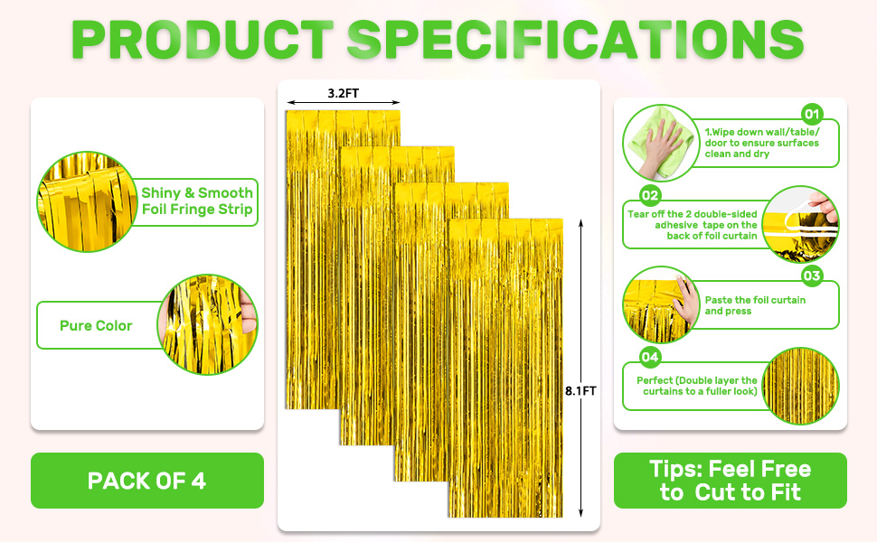 4-Pack Backdrop Party Decorations Foil Fringe Backdrop Curtains Tinsel Streamers Birthday Party Gold