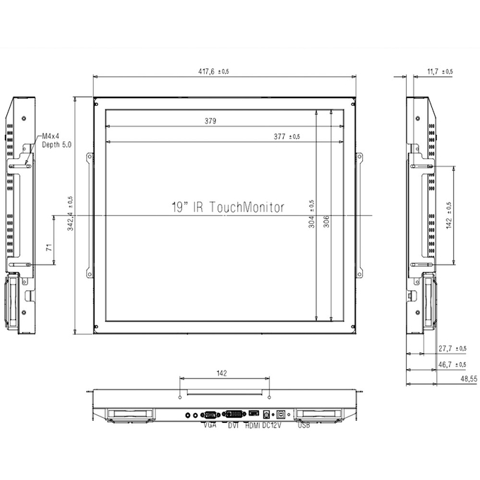 VGA DVI DC12V Infrared Multi Touch Screen 250cd/M2 4 Points Touch