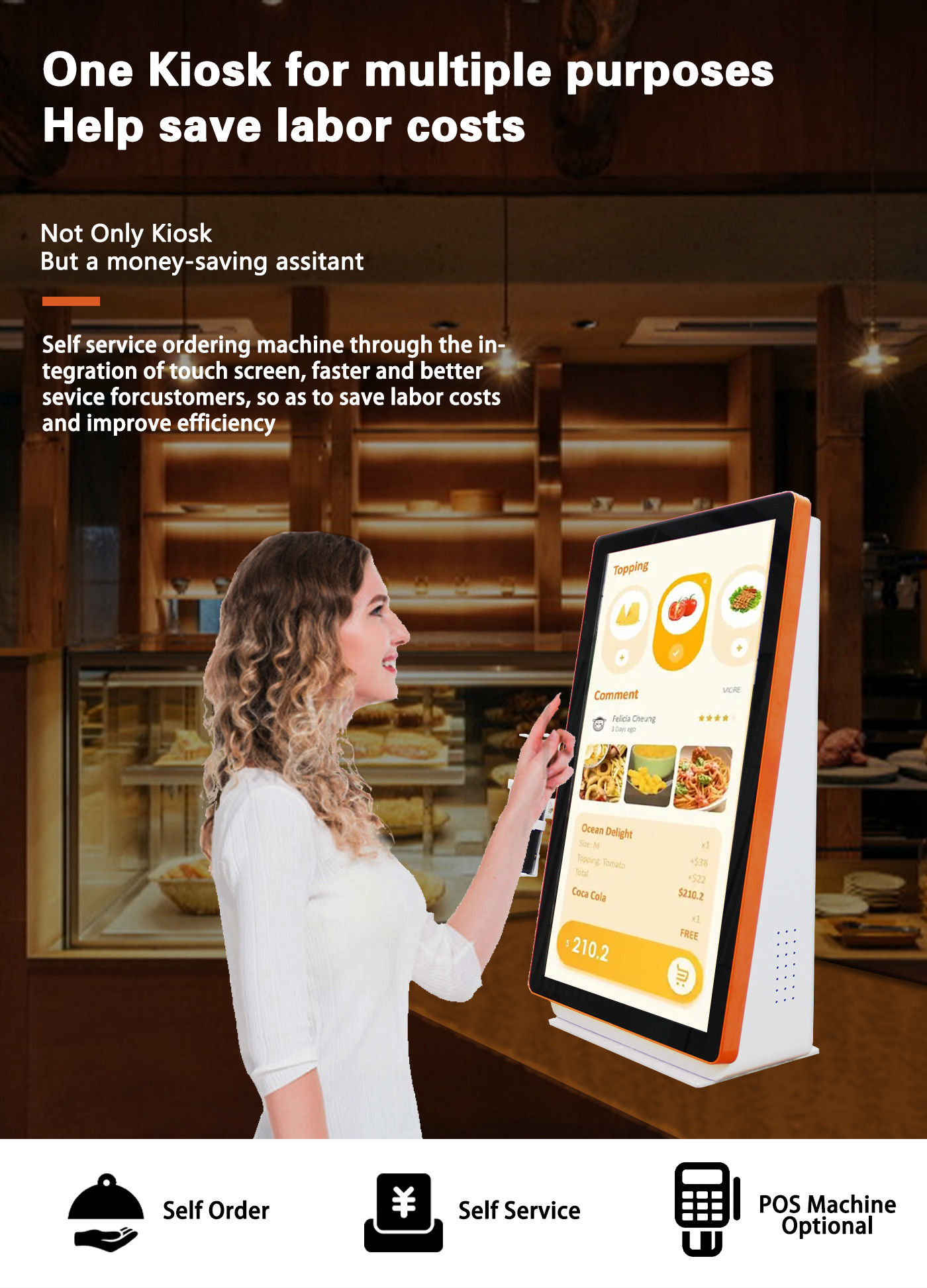 21.5 inch Android POS Self Service Payment Kiosk For Restaurants