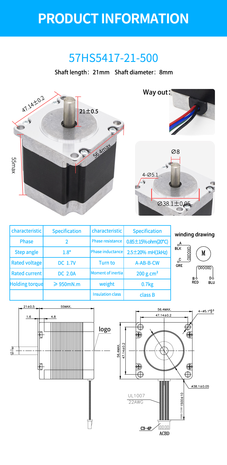 UMot Nema 23 Stepper Motor for CNC 57 2 Phase and 950mN.m/1600mN.m Holding Torque