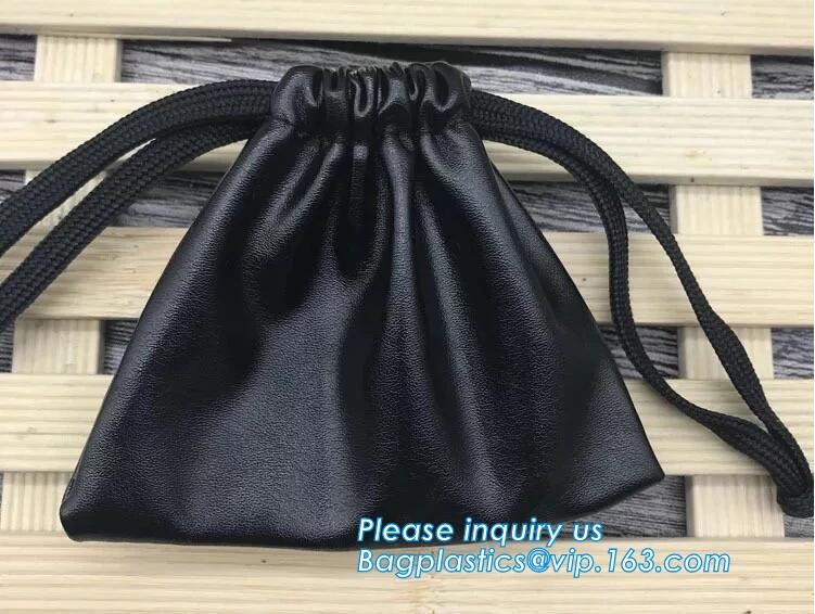Custom Printed PU Leather Waterproof Drawstring Bag, Cheap Black PU Leather Drawstring Pouch Bag Jewelry Pouch PU drawst