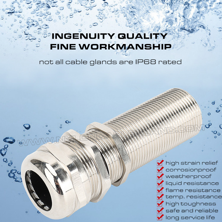 Long Thread Cable Gland, IP68/IP69K Brass Metal Cable Glands with Extralong Thread PG7~PG48 & M12~M63 for Thick Panel