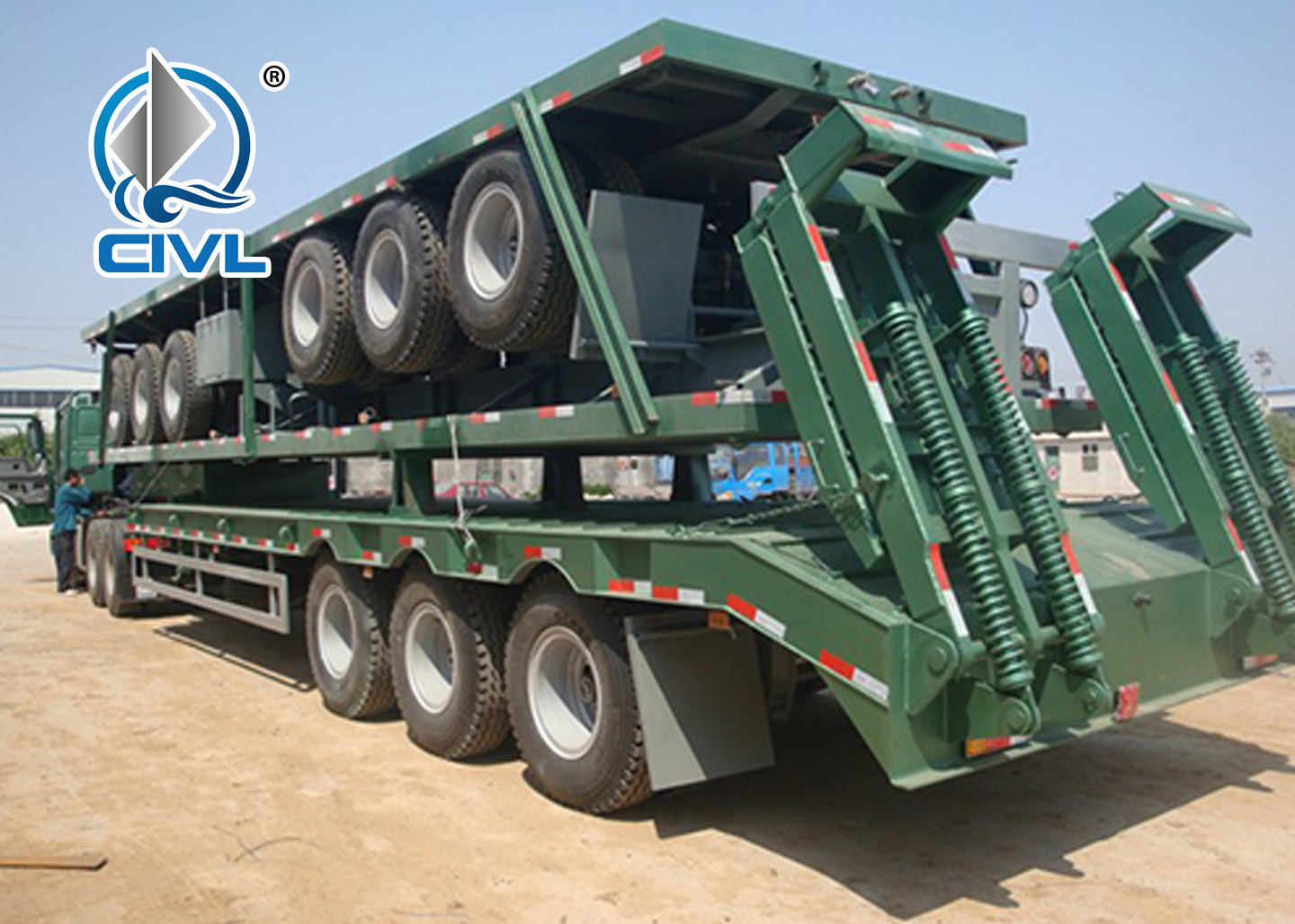 60 Tons Low Bed Semi Trailer , 3 Axles Flat Low Flatbed Trailer Manual Transmission
