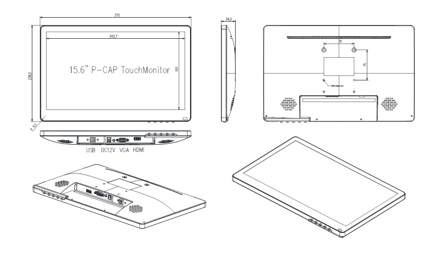Capacitive LCD PCAP Touch Monitor With Stand 15.6 Inch Desktop 50-60 Hz