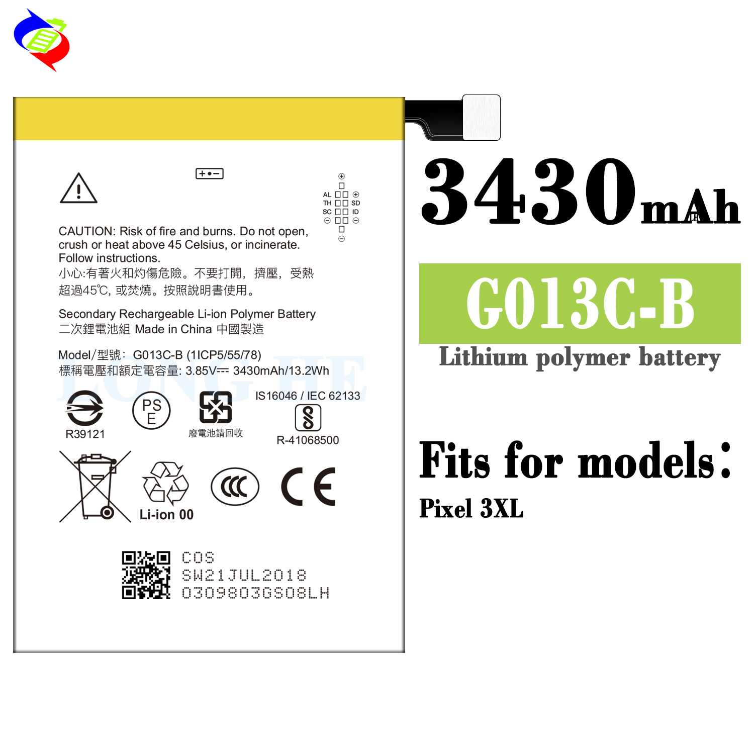 3430mah Custom-made Capacity Mobile Phone Battery G013C-B Replacement for Google Pixel 3XL/XL3