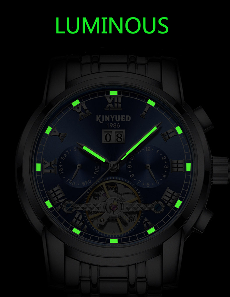 KINYUED Sliver Stainless Steel Mechanical Watch Long Service Span
