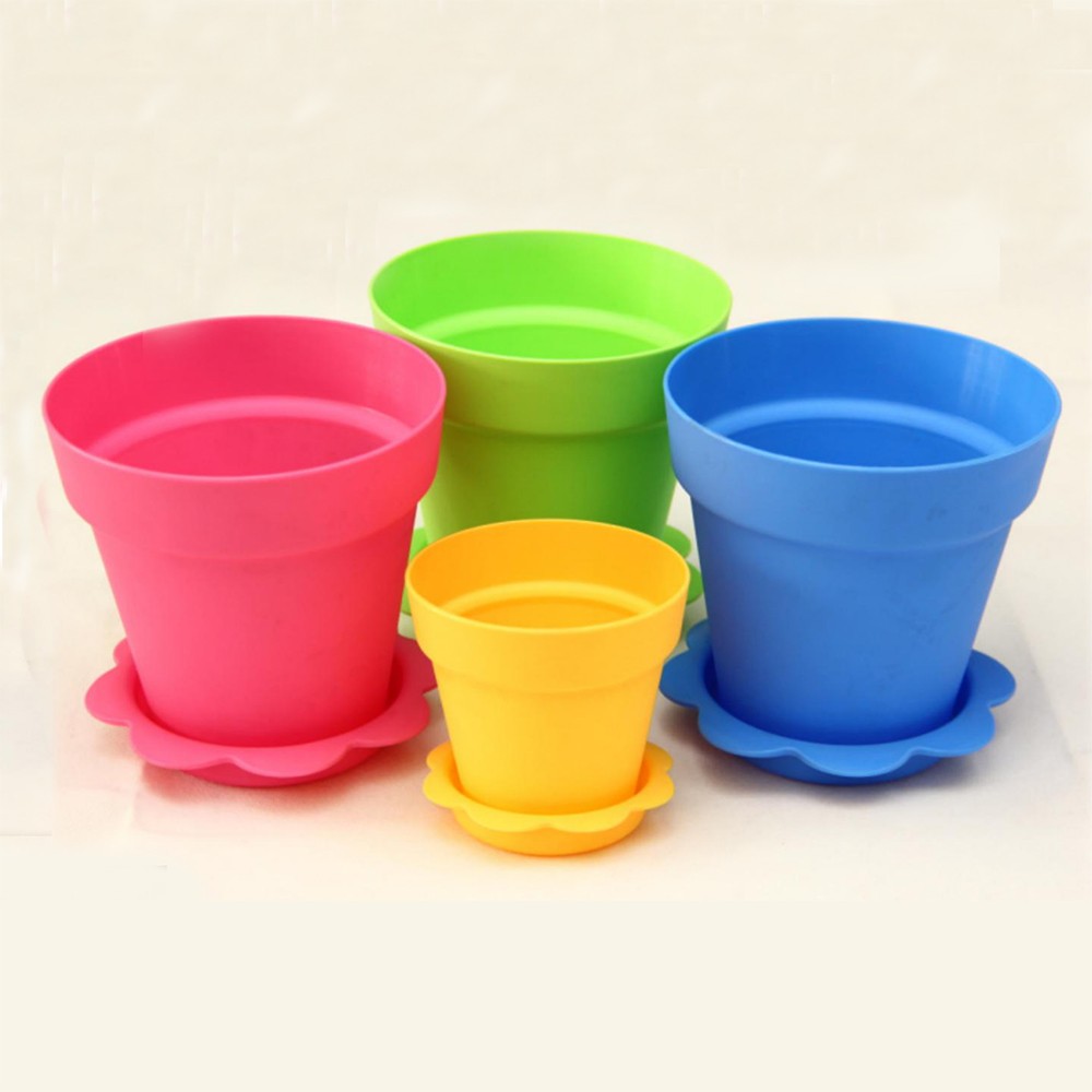 Metal Shiny Plastic Flower Pot with Saucer Together Chinese Style