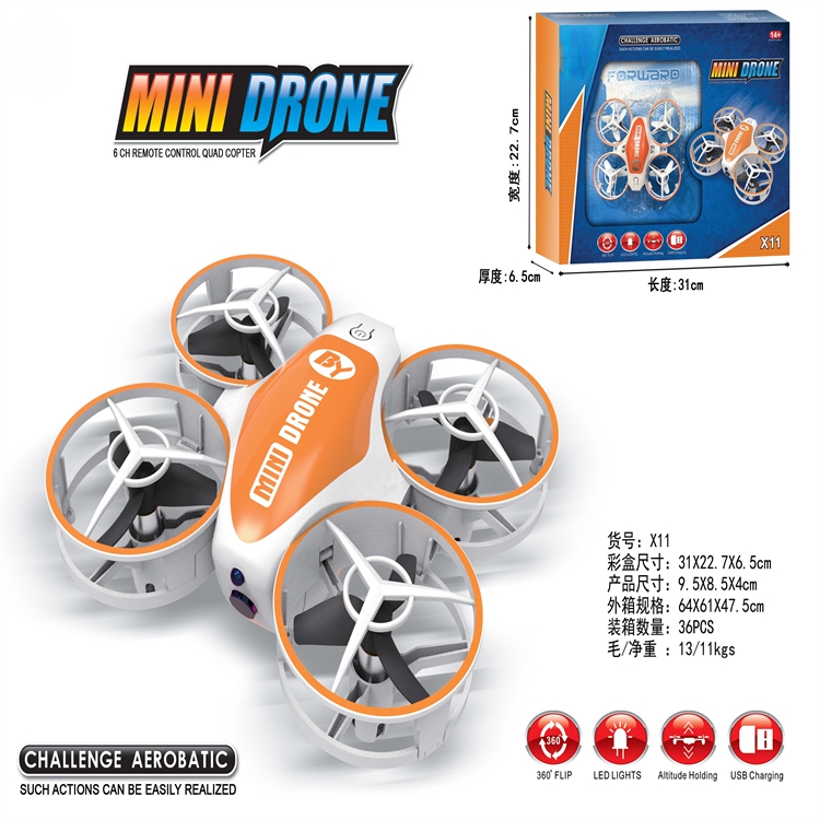 Mini Remote-Controlled Toy Aircraft with 360 Rotation and Led Lights State of Assembly Ready-to-Go X11 ORANGE