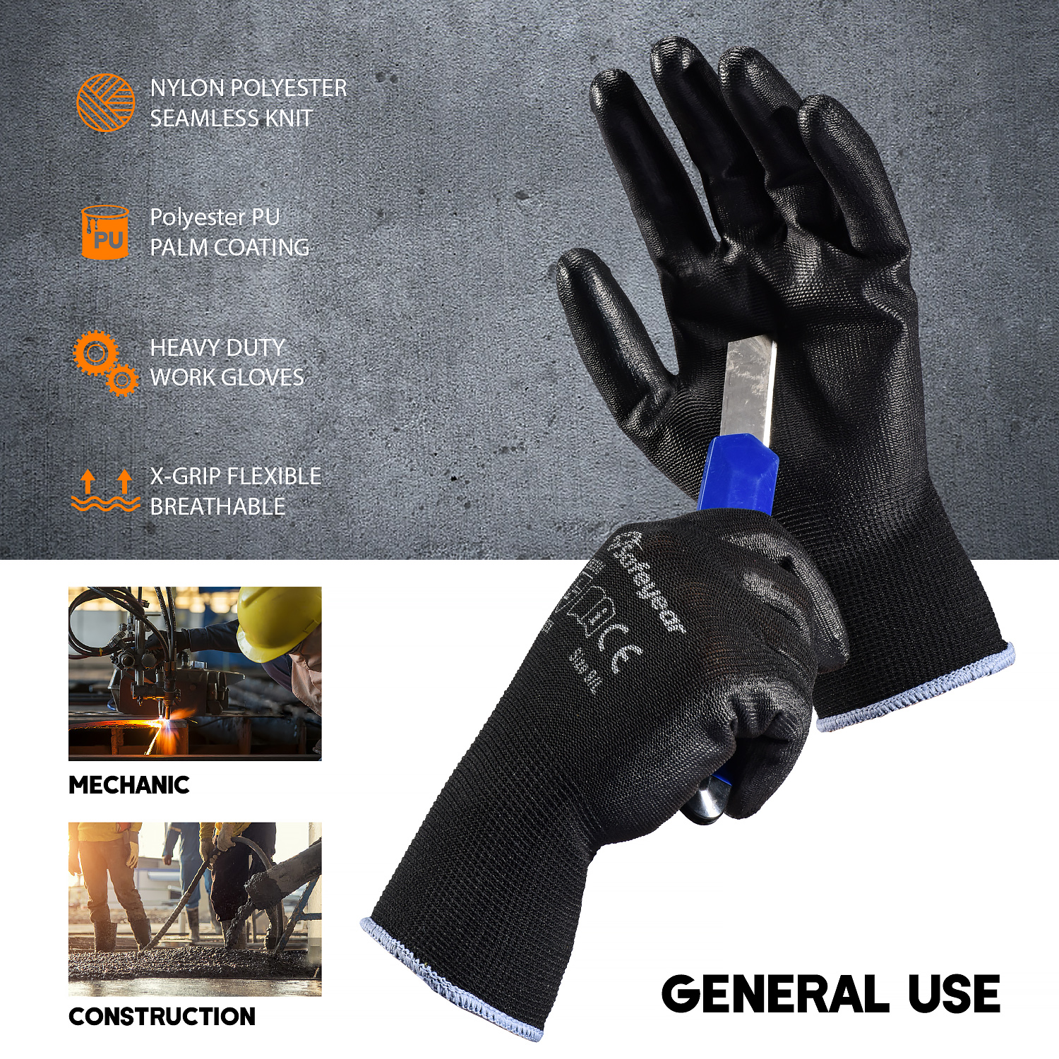 PU 10in Cut Resistant Welding Gloves Safety Hand Gloves For Construction