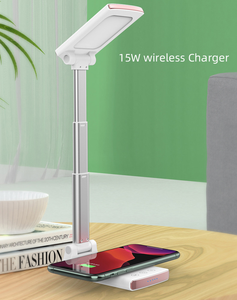 Flat Aluminium Foldable Led Desk Lamp With Wireless Charger Usb Charging For Iphone