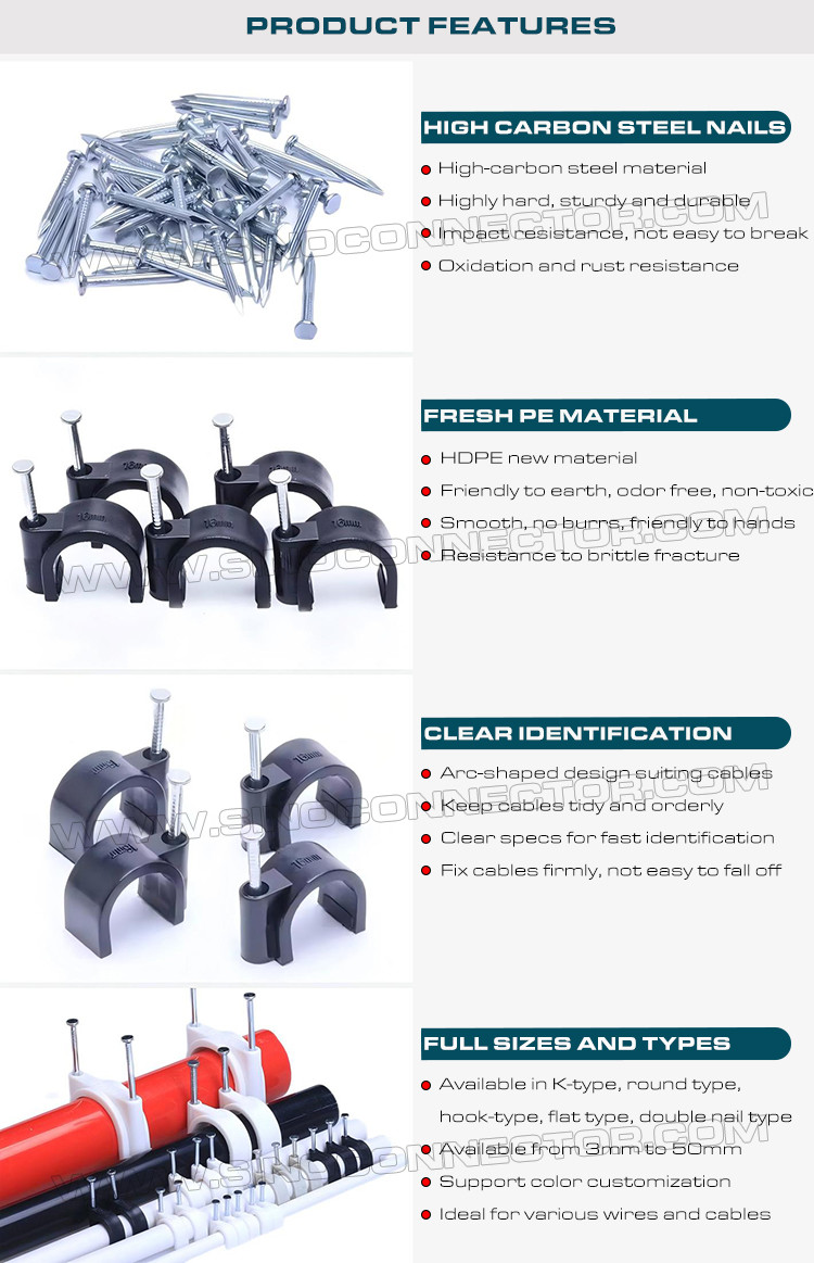 Ø2.5mm~25mm Plastic Cable Clips c/w Single Nail and Ø30mm~50mm Round Cable Clips c/w Double Nails for Cable Management