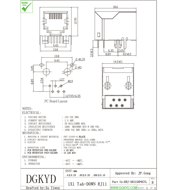 Customized Shield 6 Pins 6 Contacts RJ11 Jack 6p6c Phone Jack