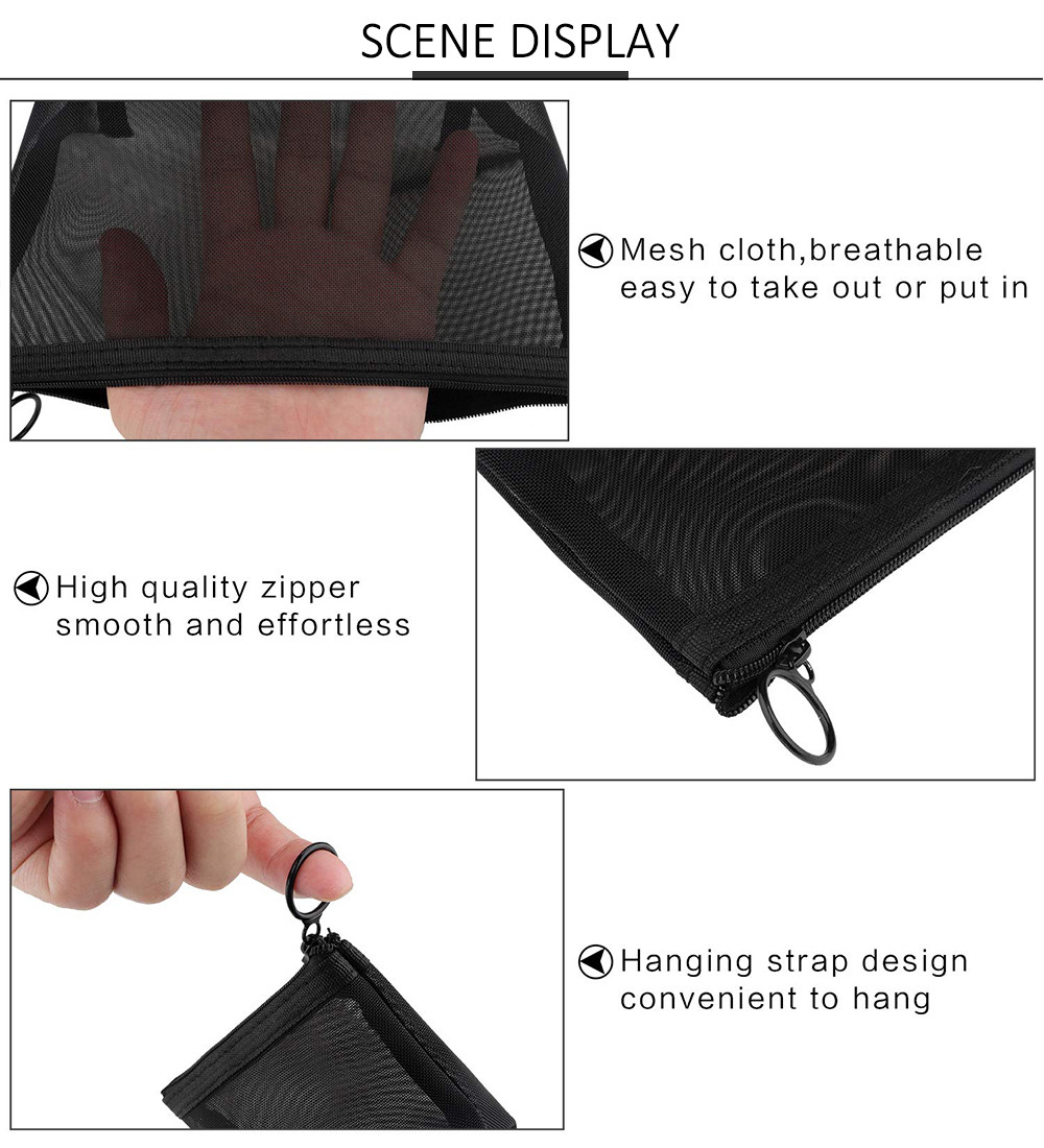 3 Pieces Zipper Closure Black Mesh Makeup Bags For Travel