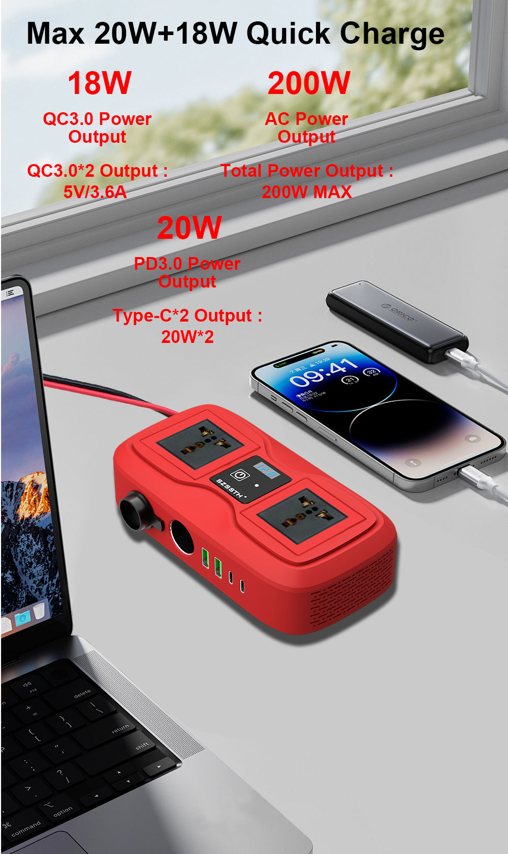 Customized Support SZSSTH Universal Socket Portable 12V 220V 2 AC Outlets 2USB 200W GaN PD Fast Charger Car Power Inverter