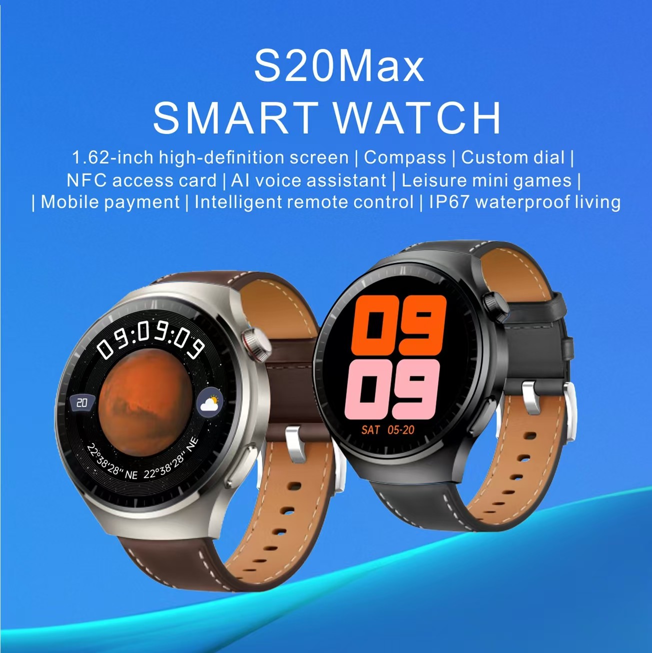 S20 Max Business Men Smart Watch 1.62-inch Screen Waterproof Wireless Charging BT Call