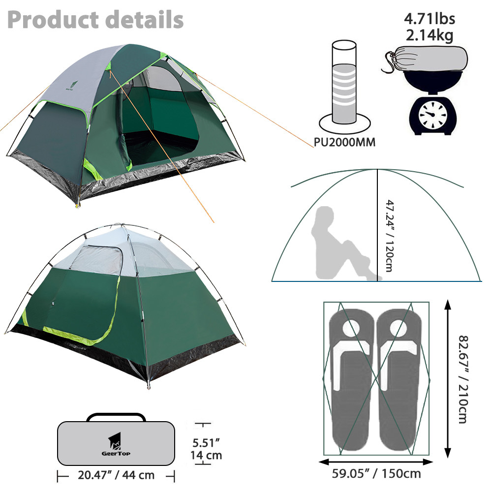 Compact Freestanding PU1000mm 2 Person Touring Dome Tent