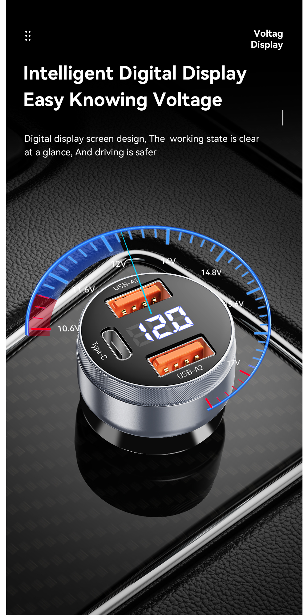 Essager 2022 Fenglang Aluminum alloy digital display car charger 80W 3 in 1 Car Charging 2 USB A Type C Fast Car Charger