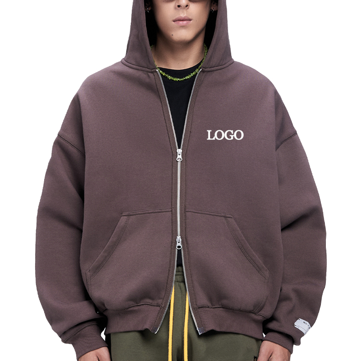 Hooded Collar Printing Streetwear Brown Zip Up Crop Top Hoodie with 500 Gsm