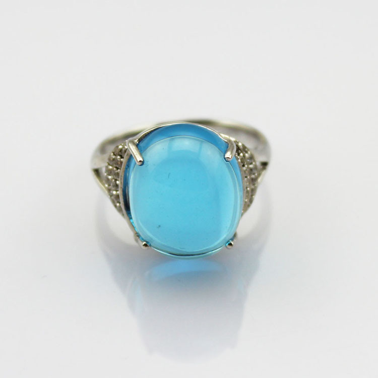Sterling Silver Cubic Zircon Ring 12mm x14mm Oval Dome Cut Blue Topaz Ring (R149)