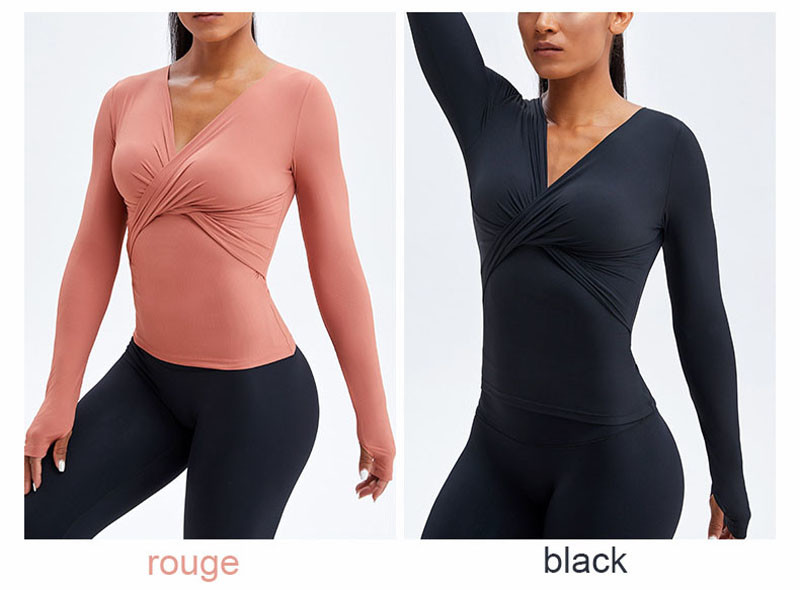 Cross Folded Ladies Yoga Tops Long Sleeve V Neck Sports Shirts With Thumb Hole