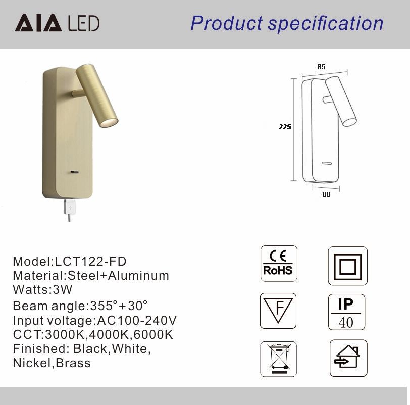 Adjustable cylinder bed reading wall lamp bedside light USB flexible headboard spot light for hotel villa project
