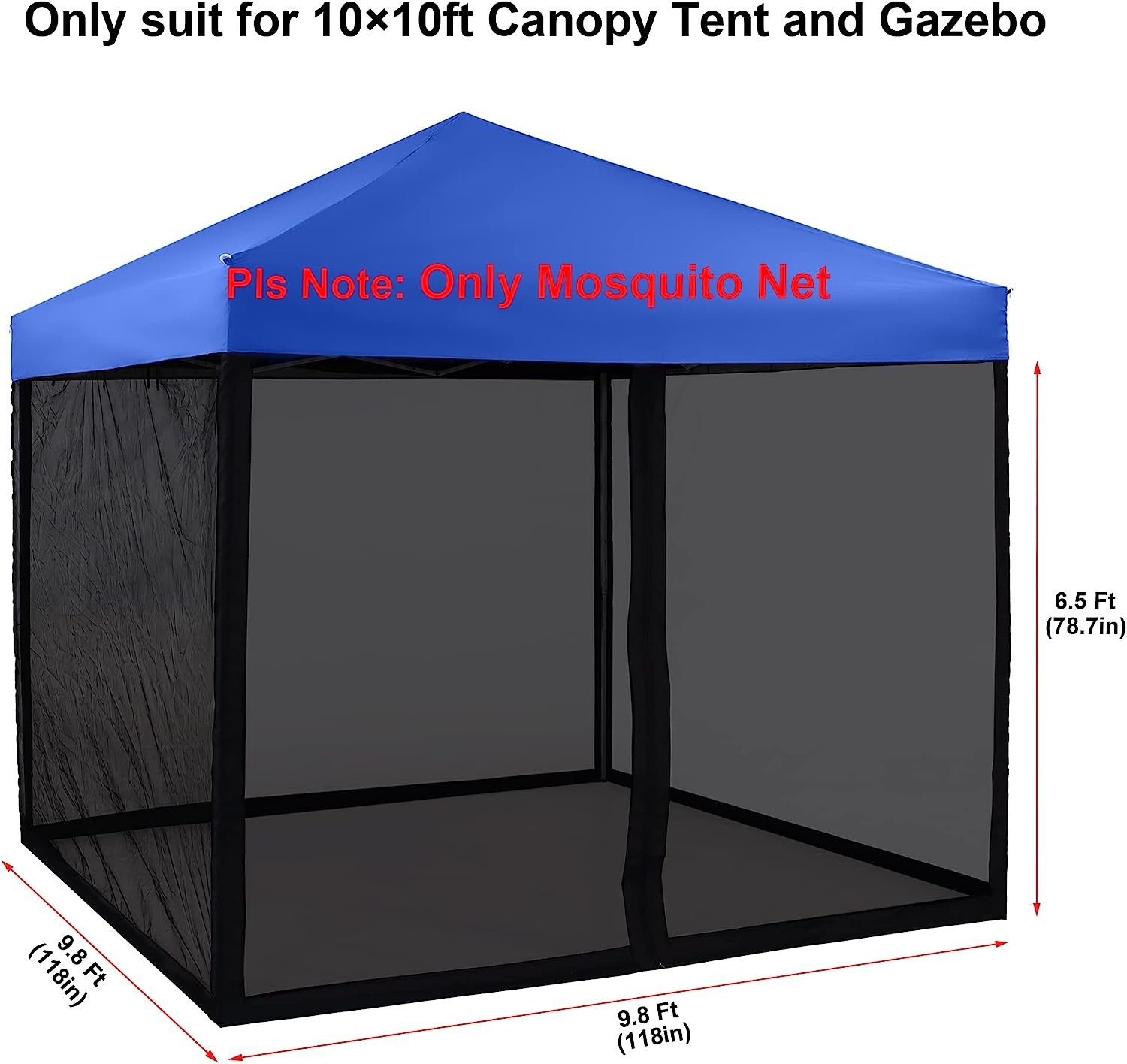 Mosquito Net with Zipper for 10' x 10' Patio Gazebo Canopy Tent, Zippered Mesh Sidewalls Screen Walls for Outdoor