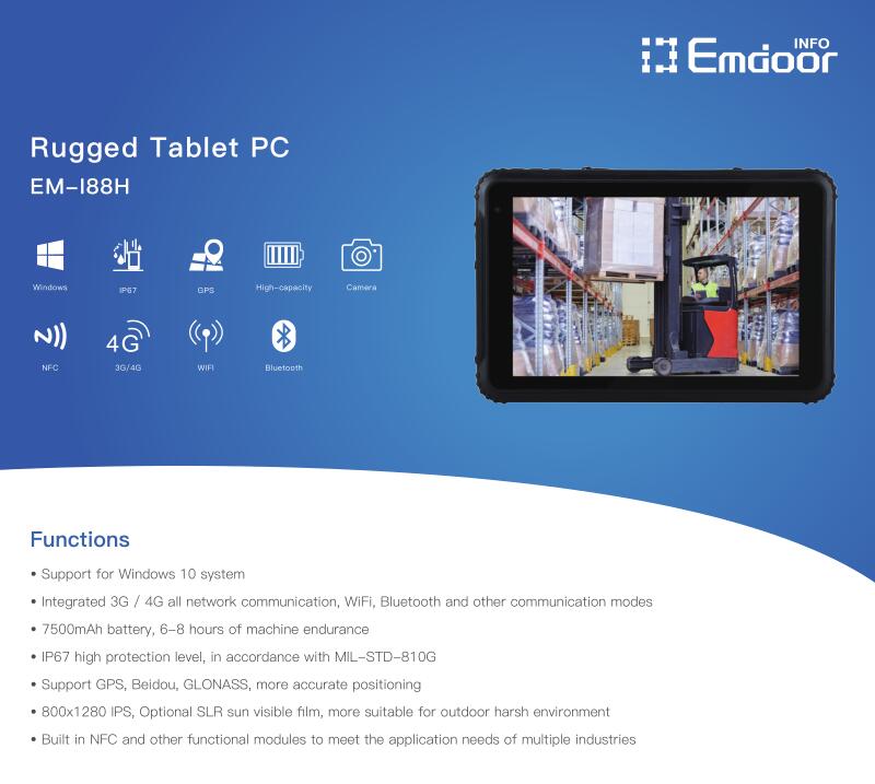 8 inch IP67 x86 Rugged Tablet with Win10 OS 4GB 64GB 4G LTE 7500mAh battery NFC reader