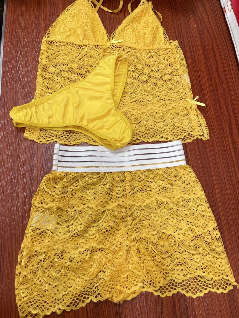 3 Pieces Plus Size Underwear Panties Bra Set Sexy Lace Hollow Out Lingerie For Women'S Pajamas