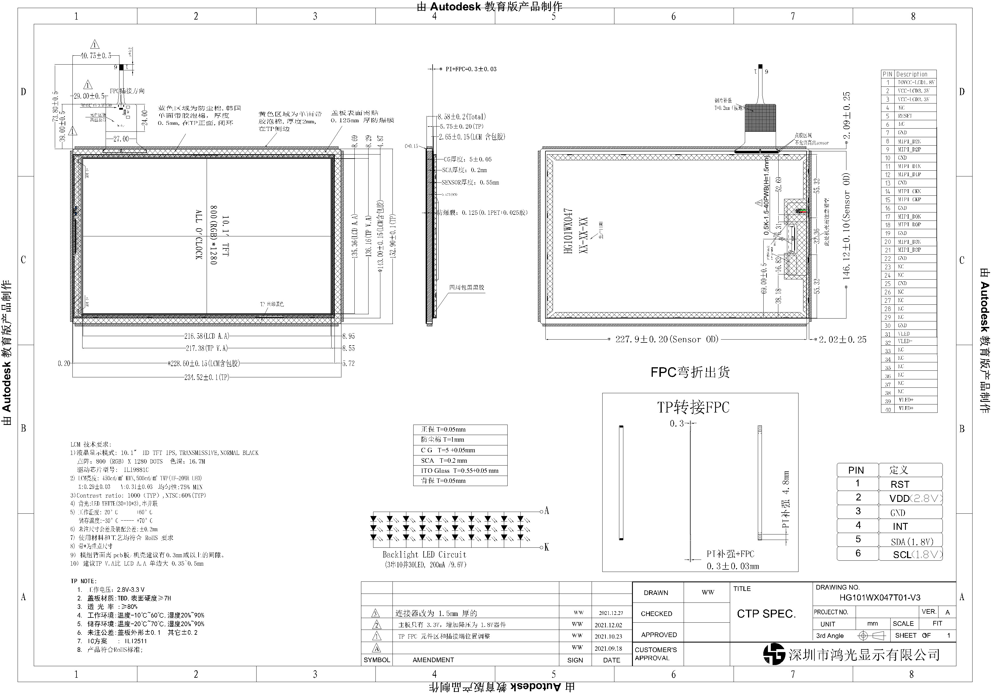 800x1280 10.1 Inch Capacitive Touch Screen 40PIN MIPI Interface