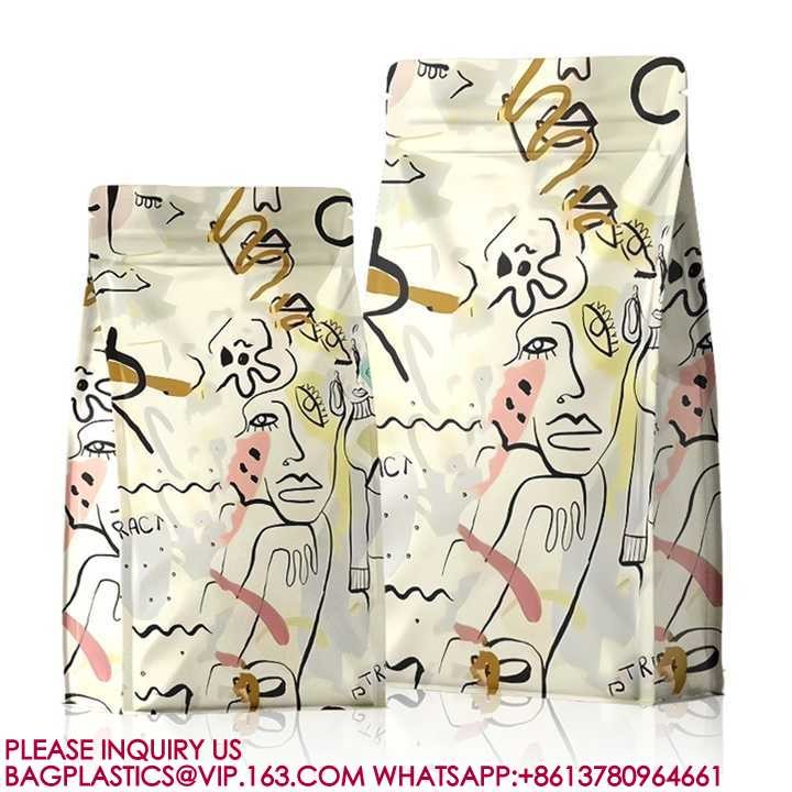 Compostable Flat Bottom Kraft Paper Coffee Pouch Packaging Bags With Valve And Zipper