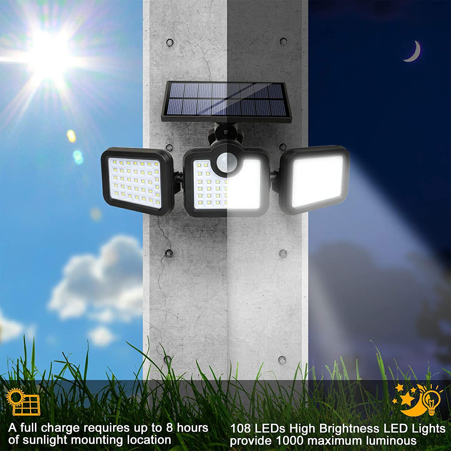 6500K 1.8W Outdoor LED Solar Lamp 270 Wide Angle 3.7V 2400mah