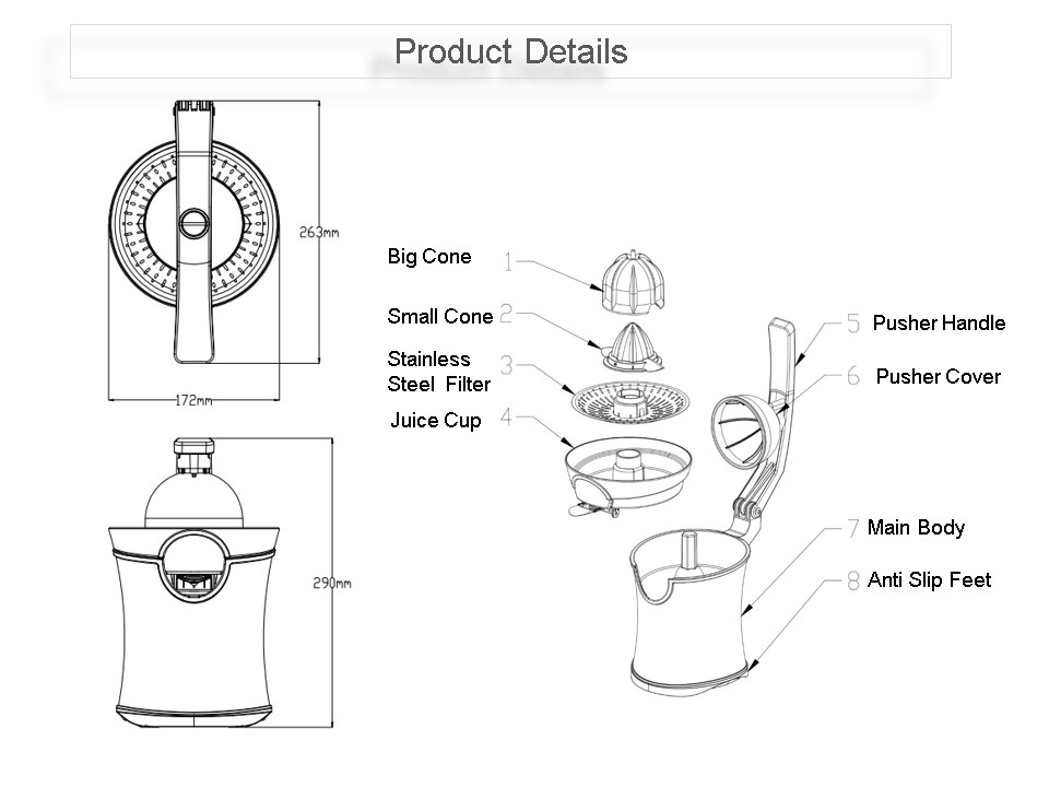 JC203 160W Powerful Stainless Steel Citrus Press with Handle 