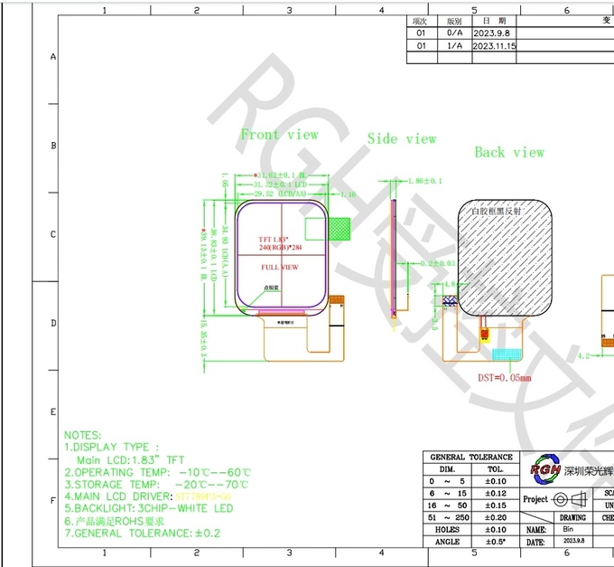 IPS TFT LCD 240X（RGB）X 284 1.83" Inch ST7789P3-G6 SPI Interface