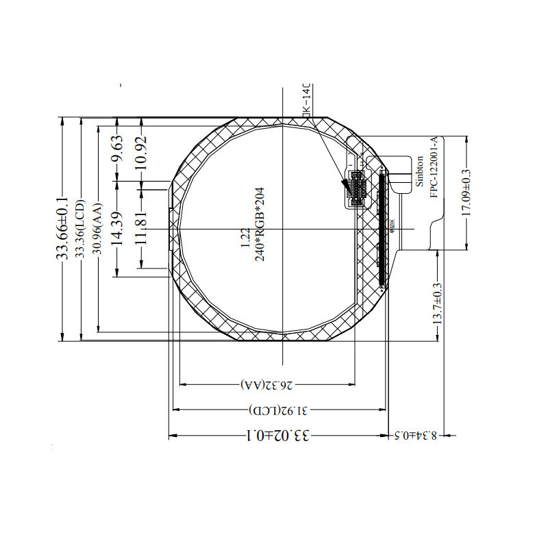 1.22 Inch Round TFT Display LCD 240X204 SPI Interface 280CD/M2 CTP