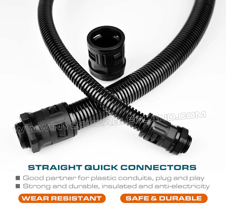 Black RAL9005 Polyamide 6 Straight Quick Connectors M12~M63 with Metal Metric Thread for Corrugated Tubes AD10~AD54.5