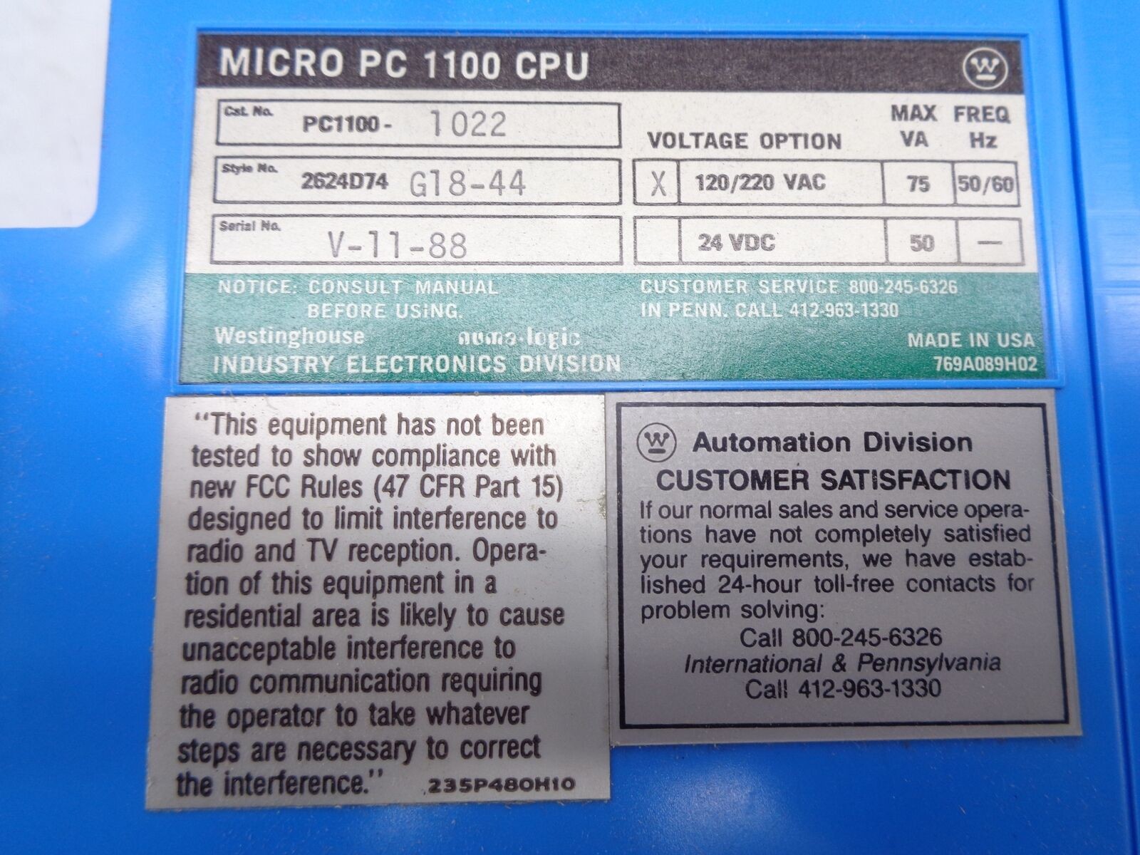 WESTINGHOUSE PC1100-1022 PROGRAMMABLE CONTROLLER MICRO PC 1100 CPU NUMA LOGIC 120/240 V 2K