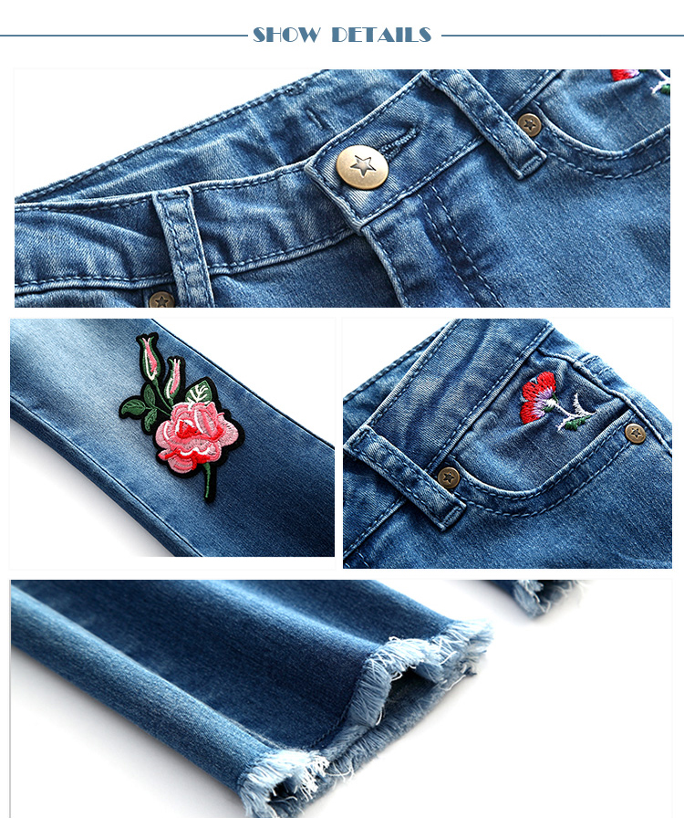 Embroidery Kids Jeans Pant Light Blue , Children Girls Denim Pants Breathable