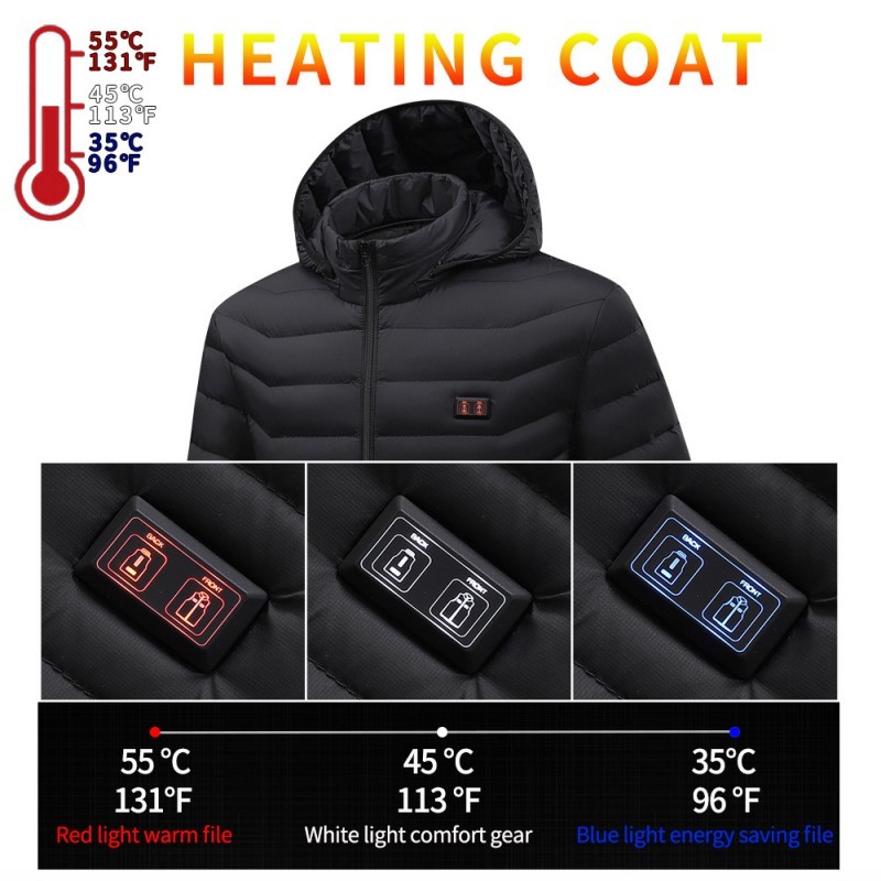 5 Zones Electric Heated Coat Waterproof Nylon Fabric Outcoat 3 Level Temperature Adjustable