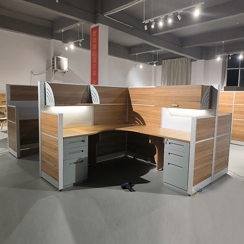 4 Person Lighted Office Workstation Desks In Wood Aluminum Frame